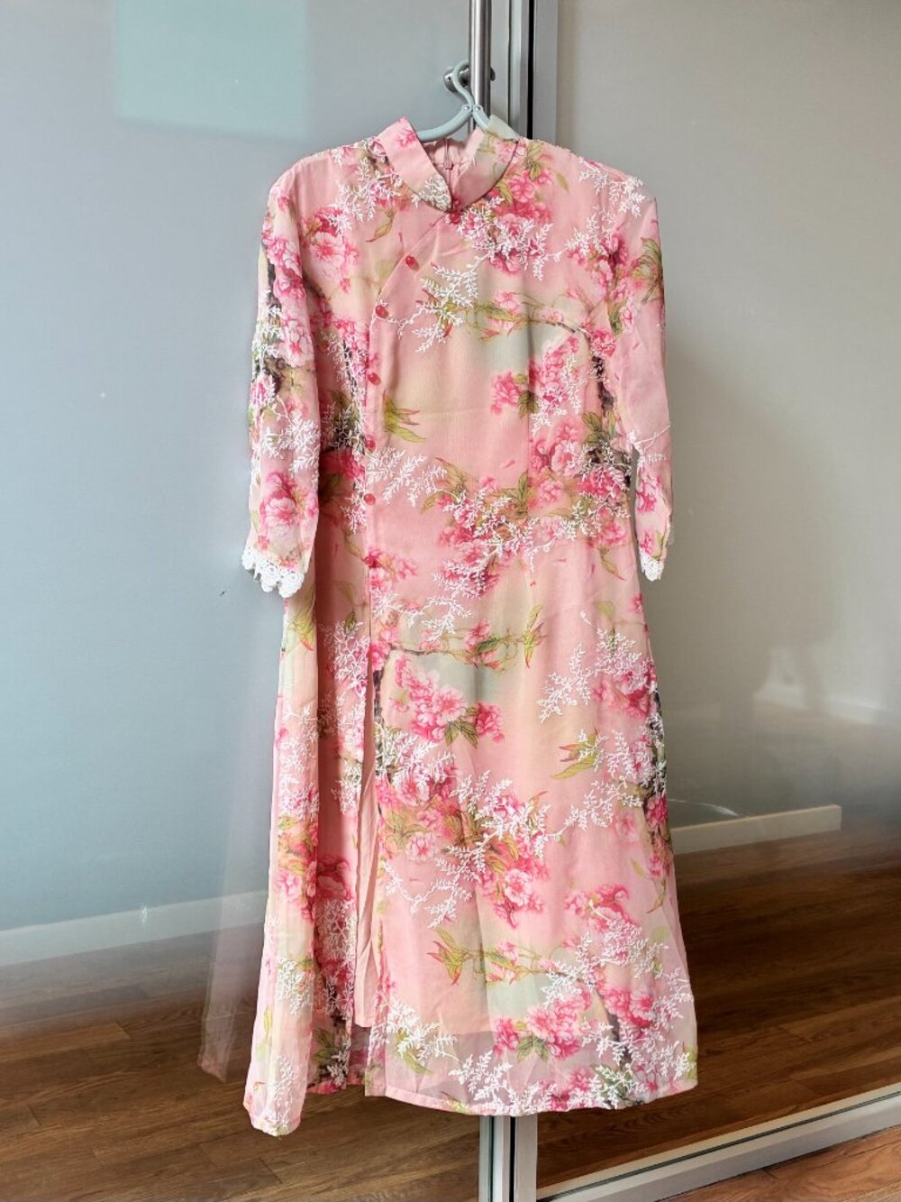 White Pink Flora Qipao Aodai Dress - Chinese Cheongsam